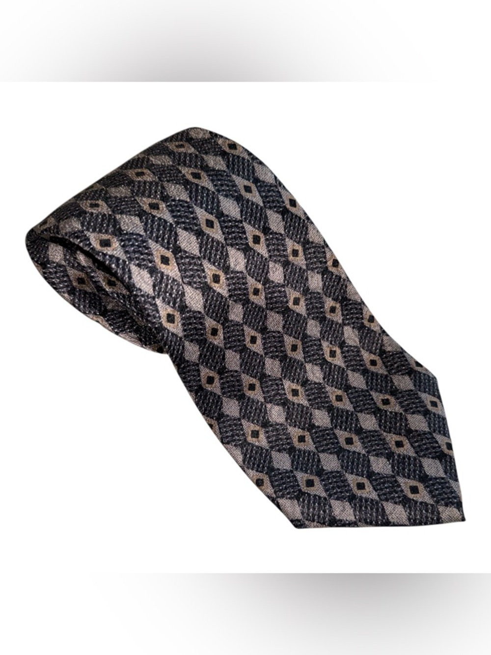 Pierre Cardin Silk Tie‎ Geometric Diamond Pattern Black Gray Brown Classic